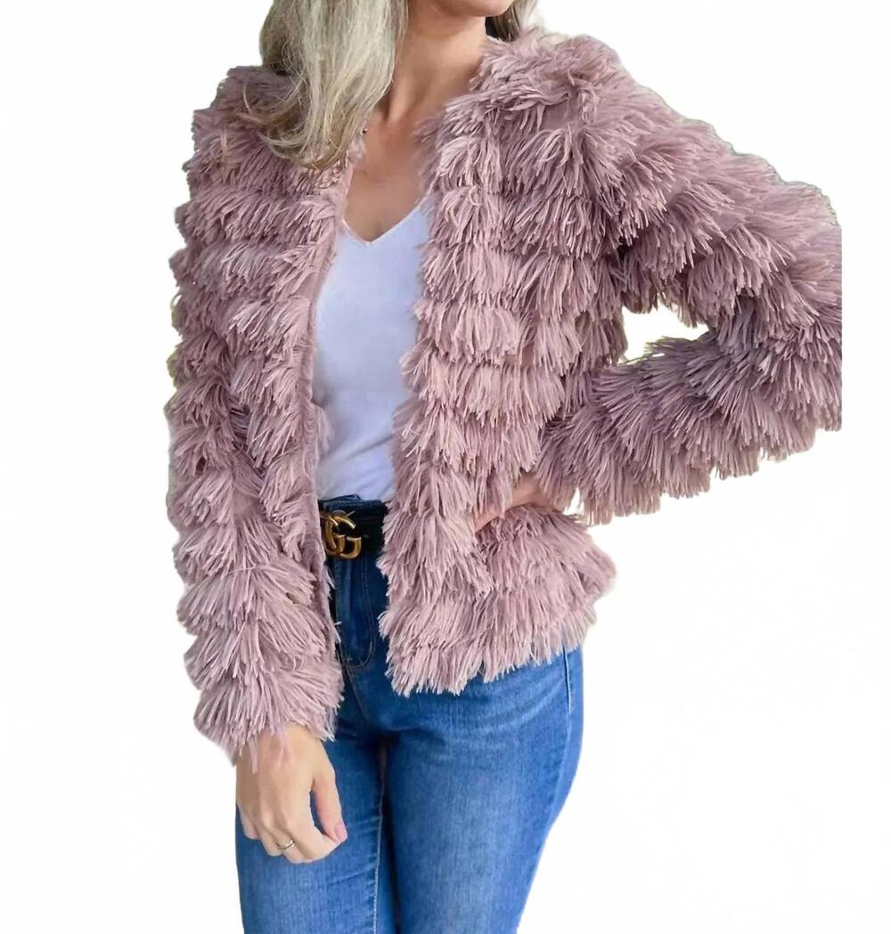 NEW AMOLI dressy faux fur fringe open front jacket blazer in dusty mauve